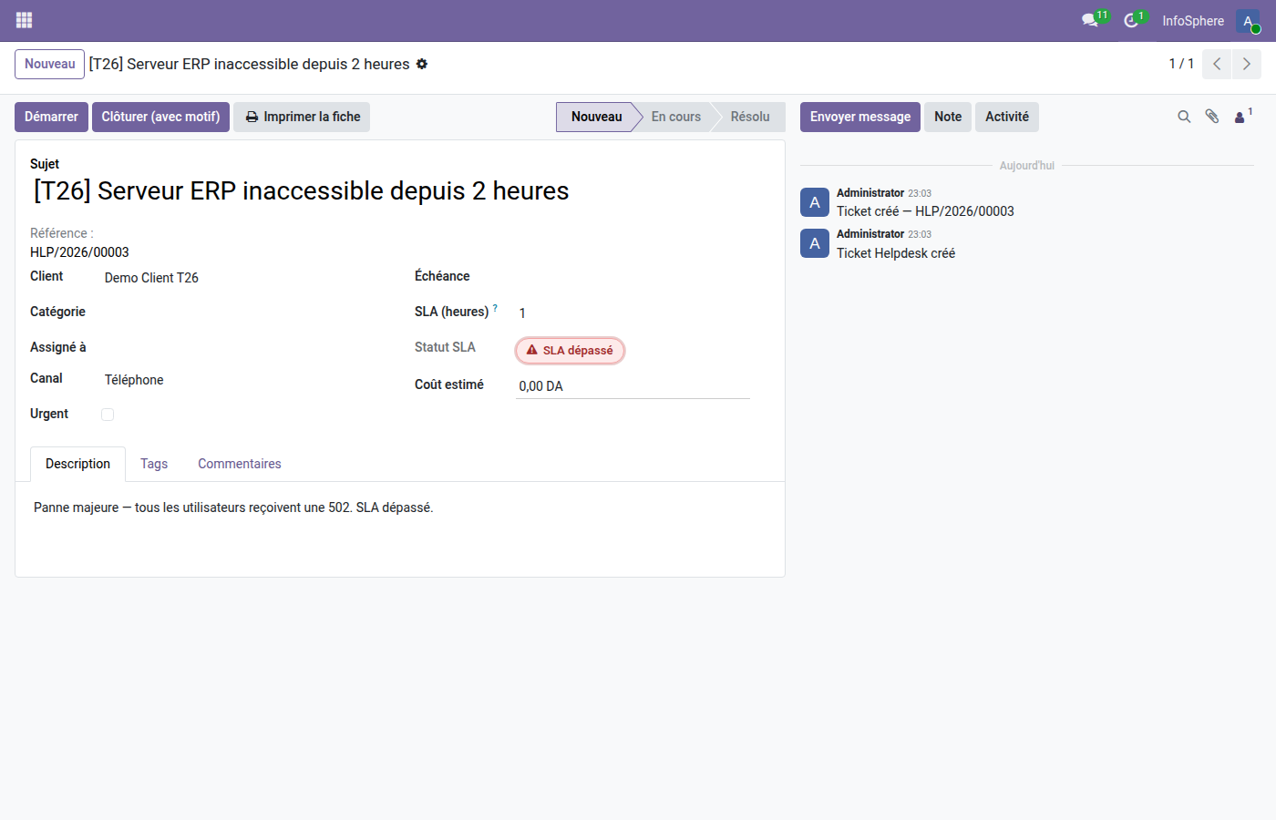 Form ticket helpdesk Odoo 19 — widget sla_badge en état breach sur un ticket Serveur ERP inaccessible